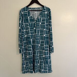 GARNET HILL Organic-Cotton Knit Henley Gown, Teal Geometric- XS